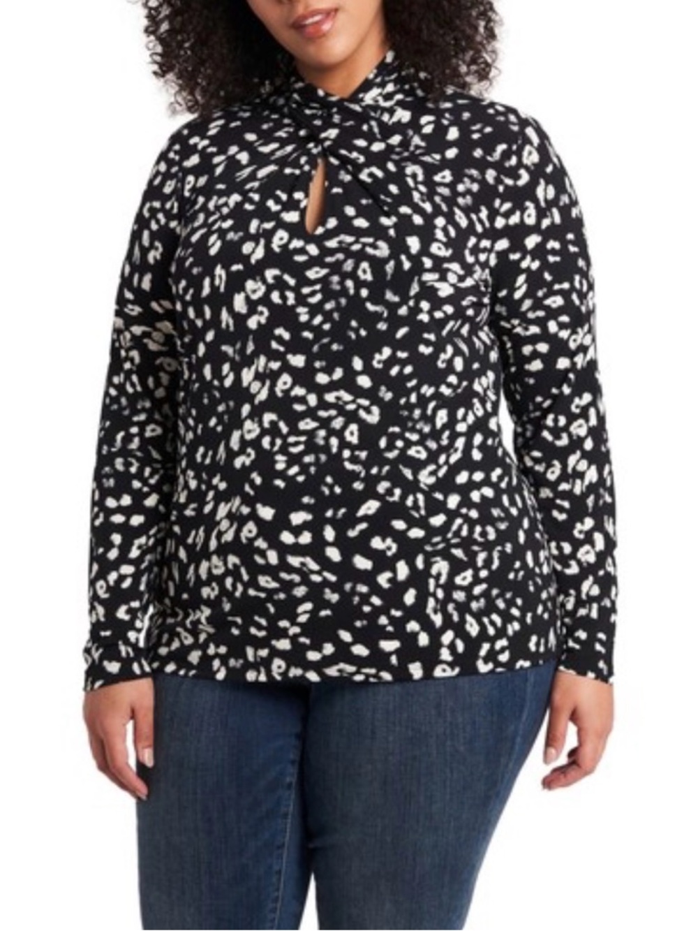 VINCE CAMUTO Abstract Animal Print High-Collar Keyhole Blouse - Rick Black 1X - Picture 13 of 13
